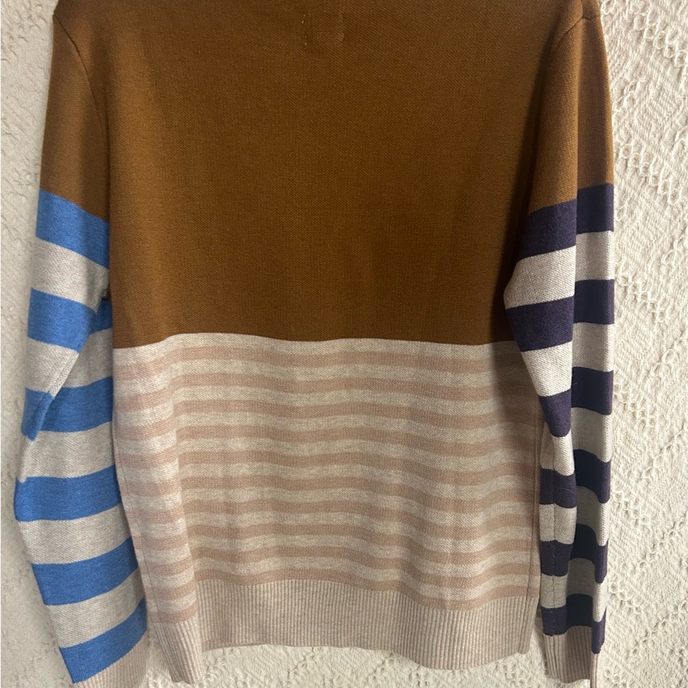 Kavu Brown Crewneck Sweater with Blue and Navy Stripe Sleeves - Picture 2 of 3
